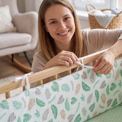 Tour de lit bébé feuilles installée dans le berceau par une maman souriante