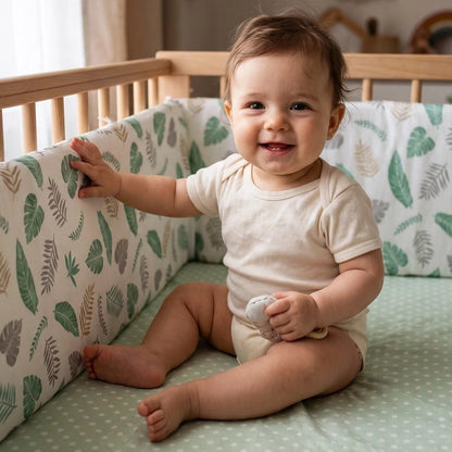 Tour de lit bébé feuilles sécurisant un enfant joyeux assit  dans son lit