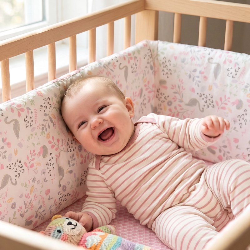 Tour de lit bébé floral rose avec un enfant souriant en pyjama rayé  dans son lit