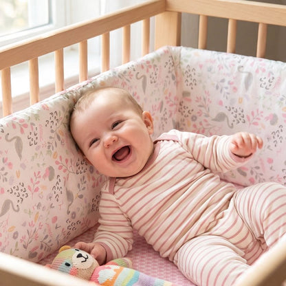 Tour de lit bébé floral rose avec un enfant souriant en pyjama rayé  dans son lit
