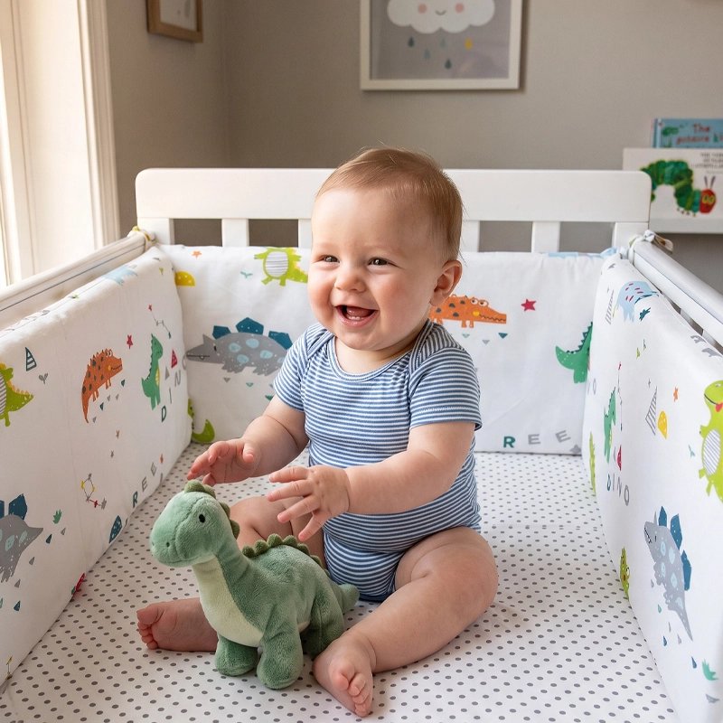 Tour de lit bébé motif dinosaures avec bébé souriant assis avec peluche d