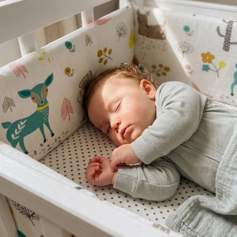 Tour de lit bébé motif faon avec nourrisson endormi dans son lit