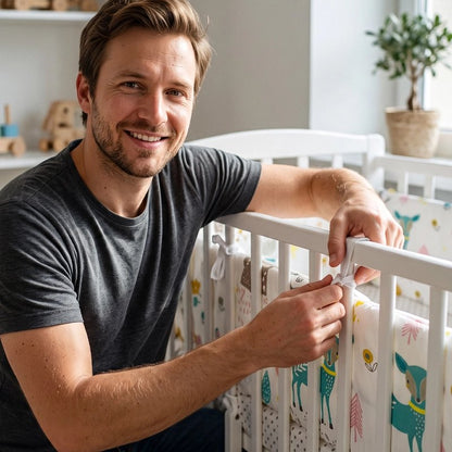 	Tour de lit bébé motif faon avec papa souriant fixant les liens au lit