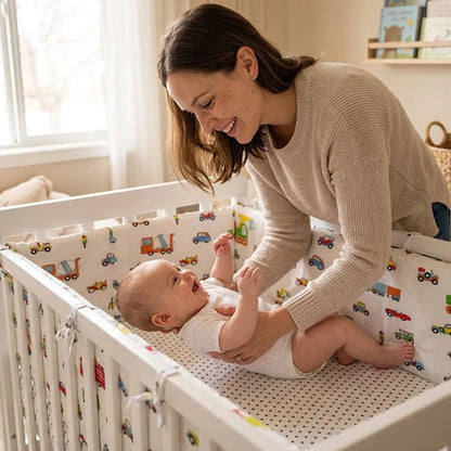 	Tour de lit bébé motif voitures avec  maman souriante penchée sur son bébé