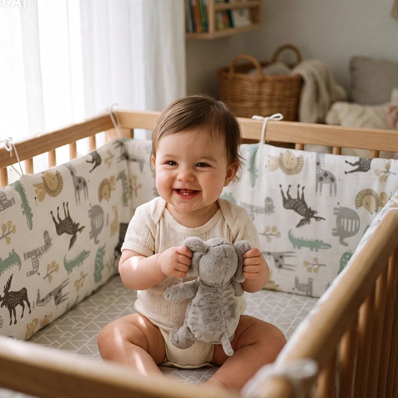 Tour de lit bébé motifs animaux avec nourrisson souriant assit tenant une peluche éléphant