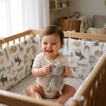 Tour de lit bébé motifs animaux avec nourrisson souriant assit tenant une peluche éléphant