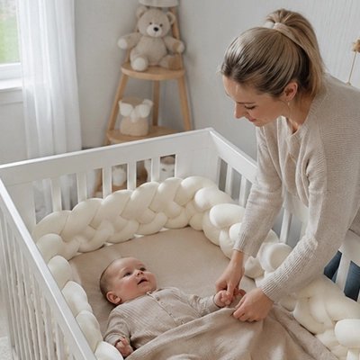 Tour de lit tressé beige avec maman penchée et tendre auprès de bébé