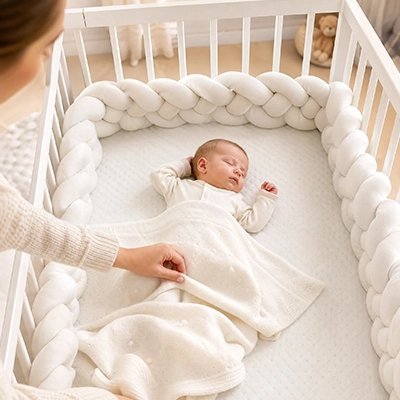 Tour de lit tressé blanc autour du lit avec maman ajustant la couverture de bébé