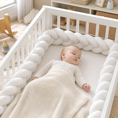 Tour de lit tressé blanc autour d'un lit avec bébé allongé