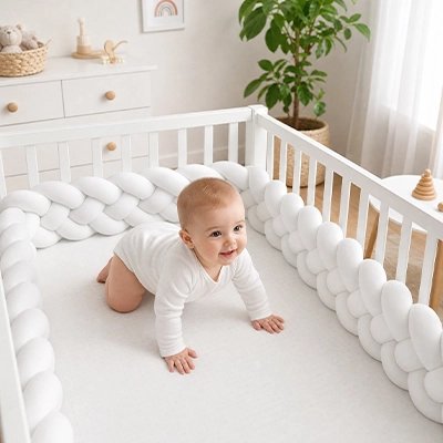 Tour de lit tressé blanc avec bébé souriant à quatre pattes
