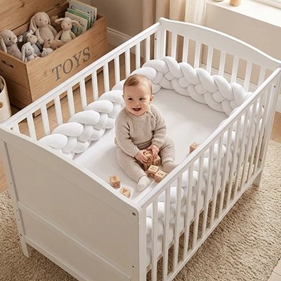 Tour de lit tressé blanc sécurisant  un lit avec bébé assis