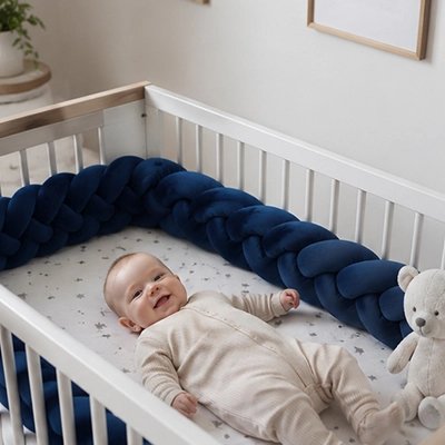 Tour de lit tressé bleu marine protégeant berceau avec  bébé souriant allongé 