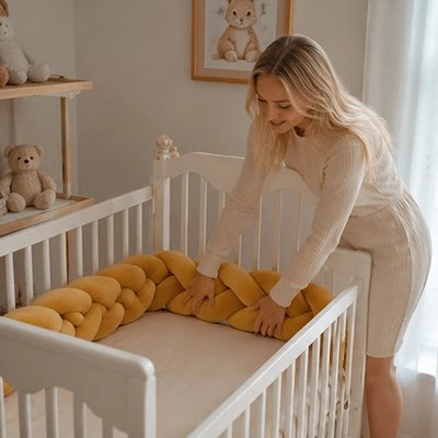 Tour de lit tressé moutarde ajusté à deux mains par une maman heureuse