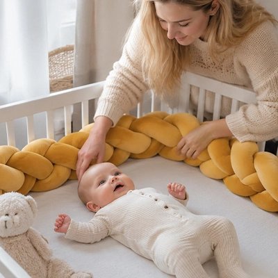 Tour de lit tressé moutarde avec maman tendre penchée sur bébé éveillé