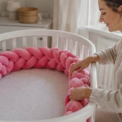Tour de lit tressé rose ajusté à deux mains par maman souriante