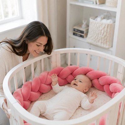 Tour de lit tressé rose avec maman souriante penchée sur bébé allongé
