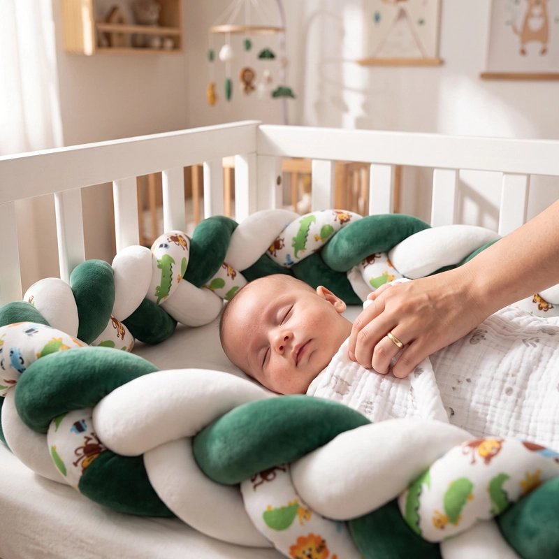 Tresse de lit bébé à motifs animaux avec un gros plan sur un nourrissant endormi