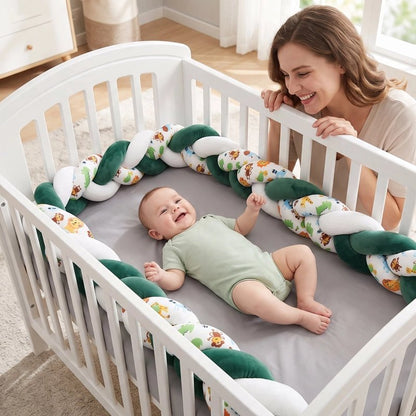 Tresse de lit bébé avec tout-petit souriant allongé les bras en l'air avec sa maman qui le regarde en souriant