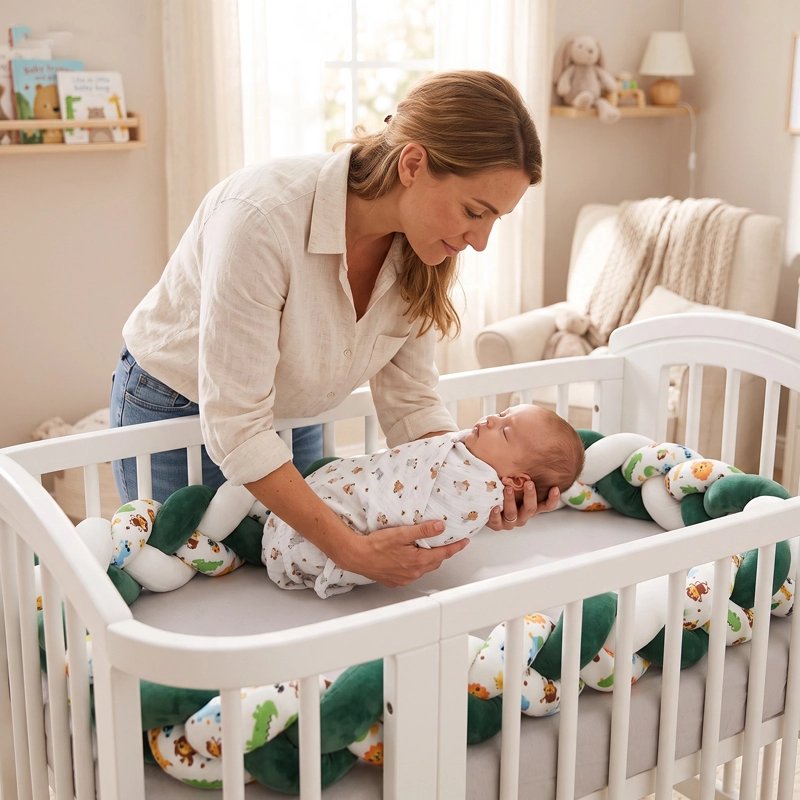 Tresse de lit bébé avec une maman allonge son bébé emmailloté dans un lit blanc