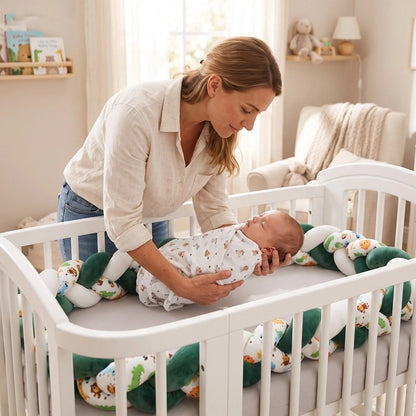 Tresse de lit bébé avec une maman allonge son bébé emmailloté dans un lit blanc