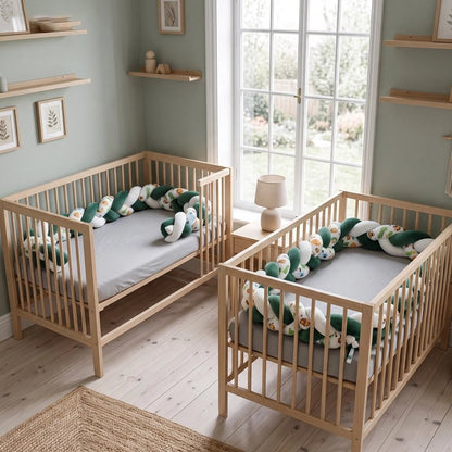 Tresse de lit bébé verte installée dans deux lits en bois