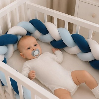 Tresse de lit bleue avec tout-petit éveillé et curieux tétine en bouche