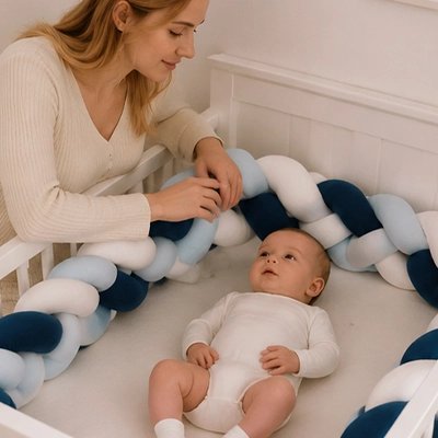 Tresse de lit bleue protégeant le lit avec maman attendrie veillant sur bébé