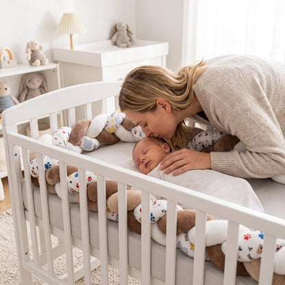 Tresse de lit marron imprimée autour du berceau avec mère embrassant tout-petit endormi