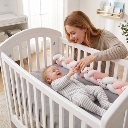Tresse de lit rose et blanche avec bébé souriant jouant avec sa maman