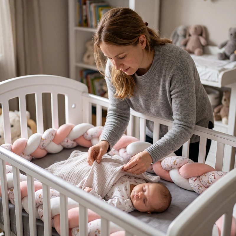 Tresse de lit rose et blanche avec une maman couvrant  enfant dans le berceau