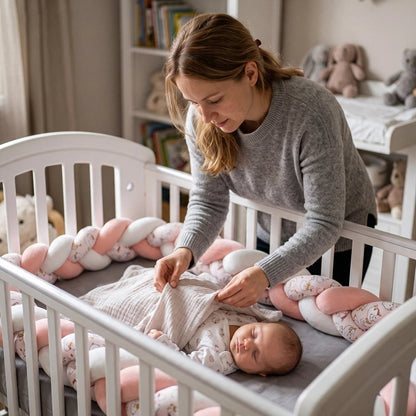 Tresse de lit rose et blanche avec une maman couvrant  enfant dans le berceau
