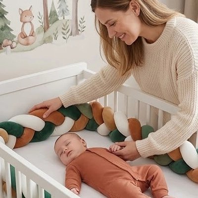 	Tresse de lit terracotta avec une maman souriante veillant sur son bébé endormi paisiblement