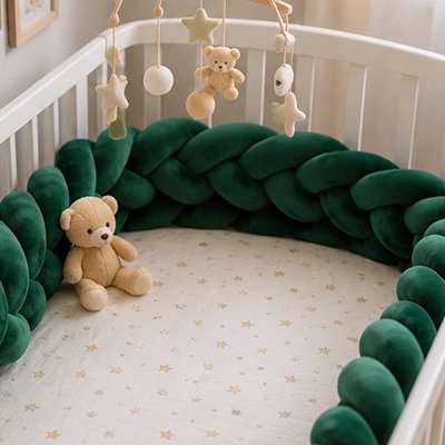 Tresse de lit verte protégeant le lit du bébé décoré par un ourson en peluche et mobile