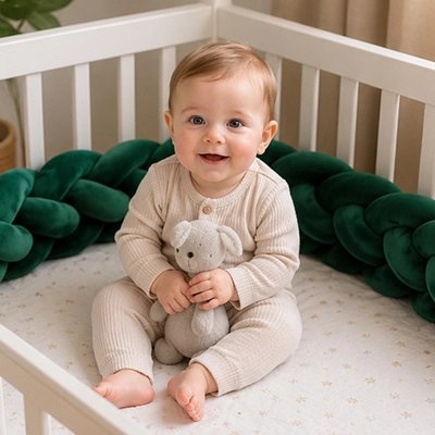 Tresse de lit verte protégeant les bords avec bébé assit  souriant tenant un doudou